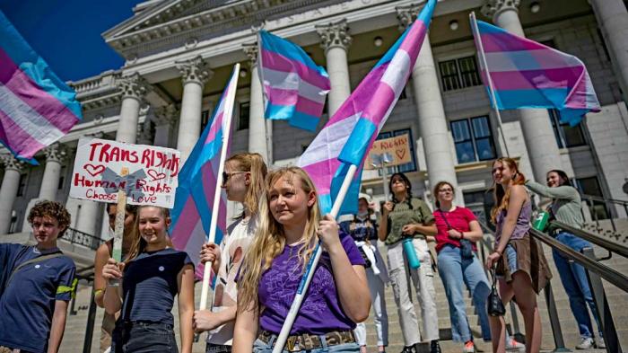 Misy Sifre, 17, and others protest for transgender rights at the Capitol in Salt Lake City, March 25, 2022