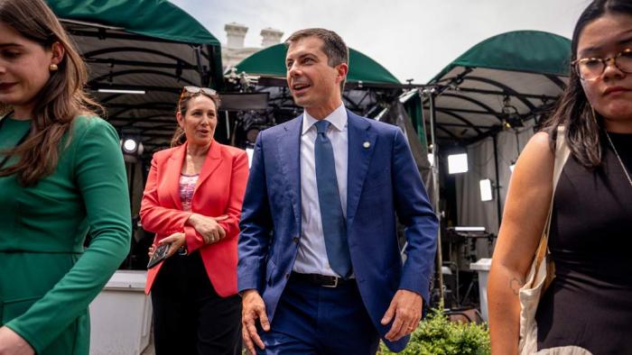 Transportation Secretary Pete Buttigieg departs after an on camera interview on the North Lawn of the White House on July 23, 2024 in Washington, DC. As U.S. Vice President Kamala Harris is suddenly the leading Democratic presidential candidate, attention has quickly turned to who will be her running mate. (Photo by Andrew Harnik/Getty Images)