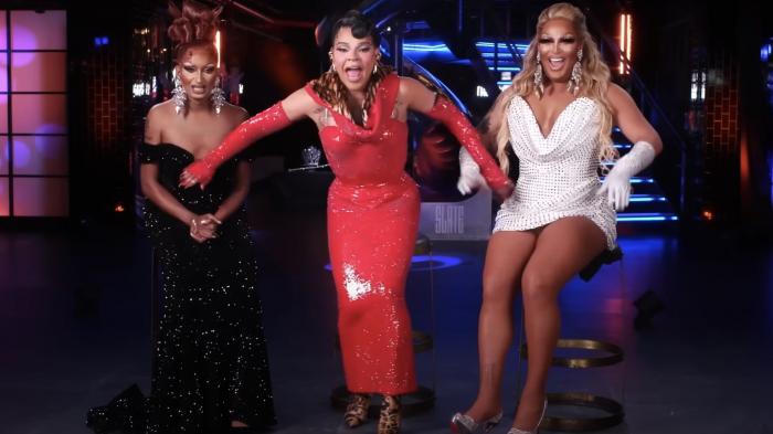 Angeria Paris VanMichaels, left, Vanessa Vanjie, center, and Roxxxy Andrews, right