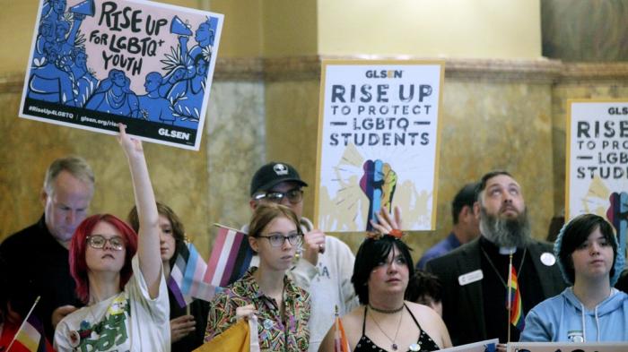 Kansas high school students, family members and advocates rally for transgender rights, Jan. 31, 2024, at the Statehouse in Topeka, Kan. 