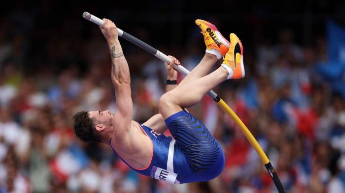 Anthony Ammirati of Team France competes during the Men's Pole Vault Qualification on day eight of the Olympic Games Paris 2024 at Stade de France on August 03, 2024 in Paris, France. (Photo by Michael Steele/Getty Images)