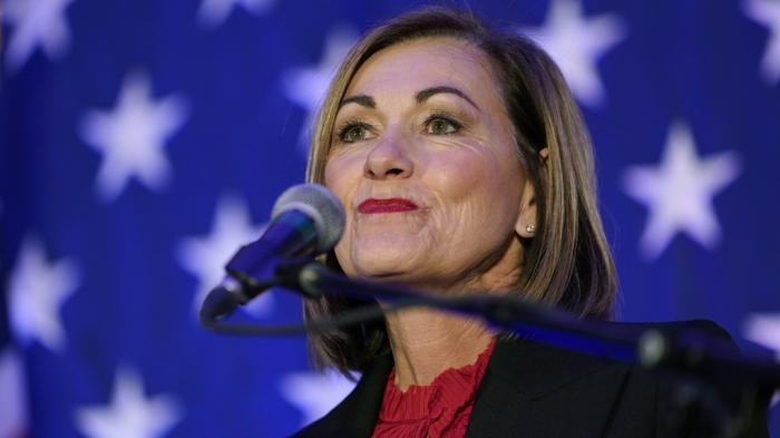 Iowa Gov. Kim Reynolds speaks to supporters during a Republican Party of Iowa election night rally, Nov. 8, 2022, in Des Moines, Iowa. 