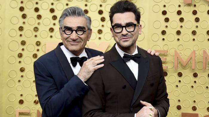 Eugene Levy, left, and Dan Levy appear at the 71st Primetime Emmy Awards in Los Angeles on Sept. 22, 2019.