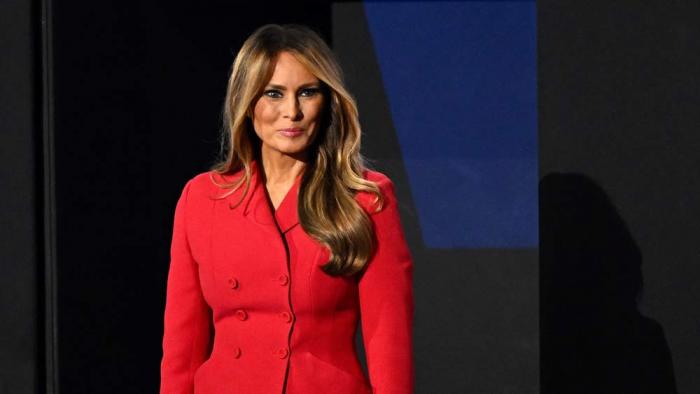 Former first lady Melania Trump arrives on the fourth day of the Republican National Convention at the Fiserv Forum on July 18, 2024 in Milwaukee, Wisconsin. Delegates, politicians, and the Republican faithful are in Milwaukee for the annual convention, concluding with former President Donald Trump accepting his party's presidential nomination. The RNC takes place from July 15-18. (Photo by Leon Neal/Getty Images)<br>