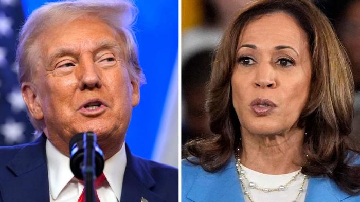 This combination photo shows Republican presidential nominee former President Donald Trump at an event, Aug. 15, 2024, in Bedminster, N.J., left, and Democratic presidential nominee Vice President Kamala Harris at a campaign event in Raleigh, N.C., Aug. 16, 2024