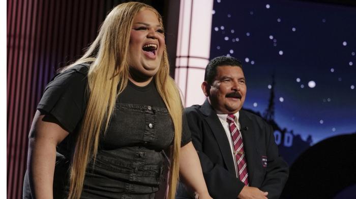 TikTok creator Jools Lebron, left, with talk show personality Guillermo Rodriguez on the set of "Jimmy Kimmel Live!" on Monday, Aug. 19, 2024 in Los Angeles.