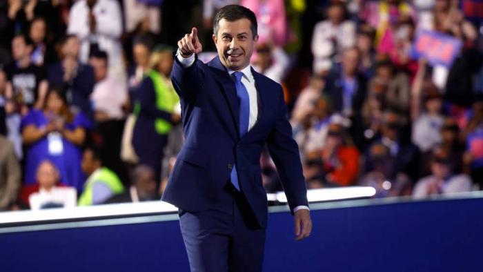 U.S. Transportation Secretary Pete Buttigieg departs after speaking on stage during the third day of the Democratic National Convention at the United Center on August 21, 2024 in Chicago, Illinois