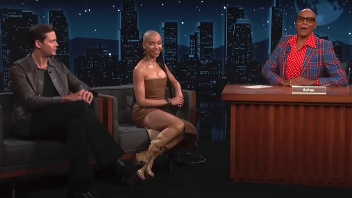 From left to right: Bill Skarsgård, FKA twigs and RuPaul on "Jimmy Kimmel Live!"