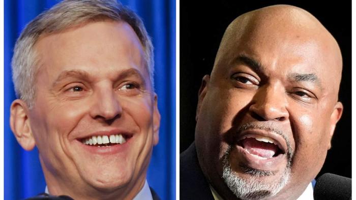 This combo image shows North Carolina Lt. Gov. Mark Robinson, right, speaking in Greensboro, N.C., March 2, 2024, and Democratic North Carolina gubernatorial candidate Josh Stein, left, speaking in Raleigh, N.C., March 5, 2024. (AP Photo/File)<br><br>