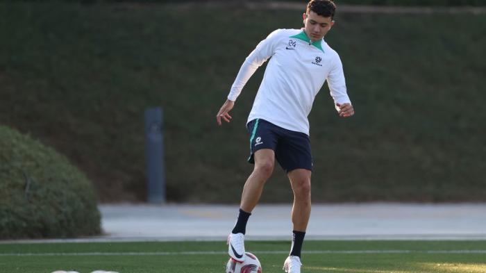 Patrick Yazbek of Australia warms up during an Australia Socceroos training session ahead of the the AFC Asian Cup at Qatar University Field 11 on January 10, 2024 in Doha, Qatar. 