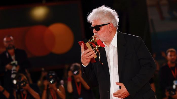 Pedro Almodovar, winner of the golden lion for best film for 'The Room Next Door', poses for photographers at the awards photo call during the closing ceremony of the 81st edition of the Venice Film Festival in Venice, Italy, on Saturday, Sept. 7, 2024