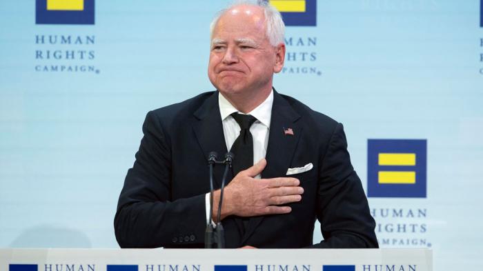 Democratic vice presidential candidate Minnesota Gov. Tim Walz speaks during the Human Rights Campaign (HRC) National Dinner at Walter E. Washington Convention Center in Washington, Saturday, Sept. 7, 2024