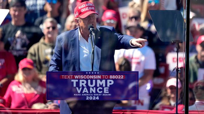 Republican presidential nominee former President Donald Trump speaks during a campaign event at Central Wisconsin Airport, Saturday, Sept. 7, 2024, in Mosinee, Wis.