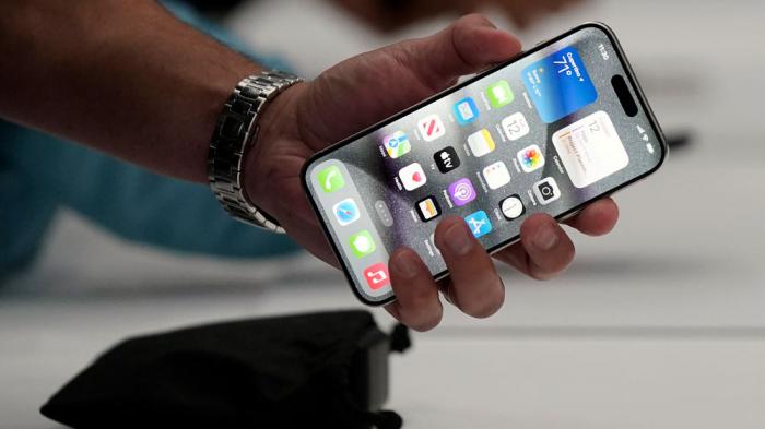 The iPhone 15 Pro is shown after its introduction on the Apple campus, Sept. 12, 2023, in Cupertino, Calif.