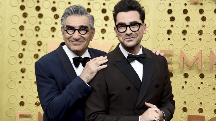 Eugene Levy, left, and Dan Levy appear at the 71st Primetime Emmy Awards in Los Angeles on Sept. 22, 2019. 