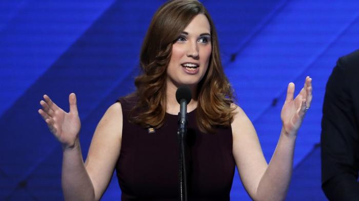 LGBT rights activist Sarah McBride speaks during the final day of the Democratic National Convention in Philadelphia , Thursday, July 28, 2016