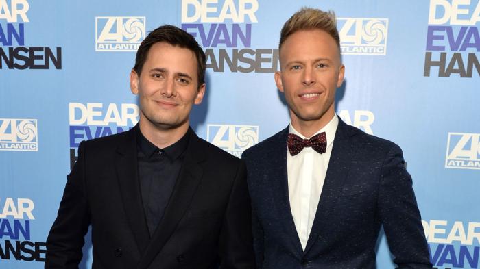 Benj Pasek and Justin Paul attend the "Dear Evan Hansen" opening night at the Noel Coward Theatre on November 19, 2019 in London, England