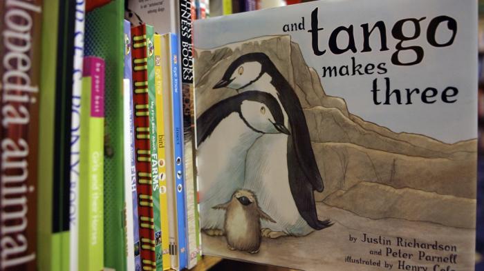 A copy of the book titled "And Tango Makes Three" is photographed on a bookstore shelf in Chicago, Nov. 16, 2006.