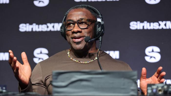 Shannon Sharpe speaks on SiriusXM at Super Bowl LVIII on February 07, 2024 in Las Vegas, Nevada