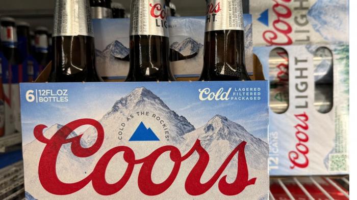 Coors beer is displayed on a store shelf on February 13, 2024 in San Rafael, California. 