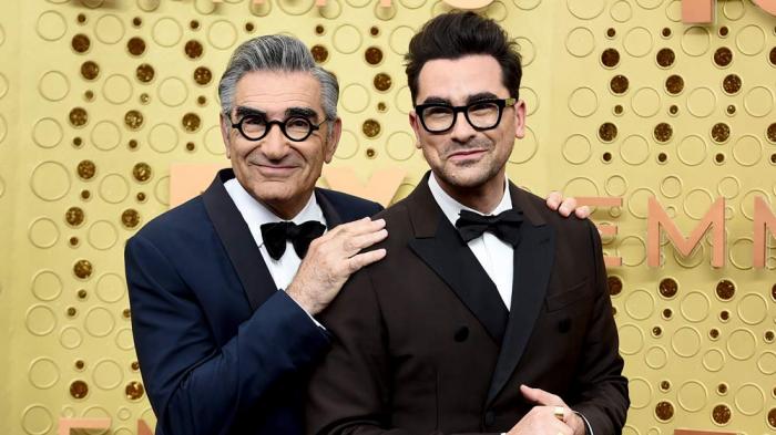 Eugene Levy, left, and Dan Levy appear at the 71st Primetime Emmy Awards in Los Angeles on Sept. 22, 2019. (Photo by Jordan Strauss/Invision/AP, File)