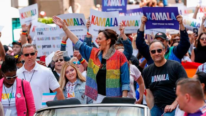 Presidential candidate and Sen. Kamala Harris waves to parade attendees during the San Francisco Pride parade, June 30, 2019, in San Francisco. (Josie Norris/San Francisco Chronicle via AP, File)<br><br>