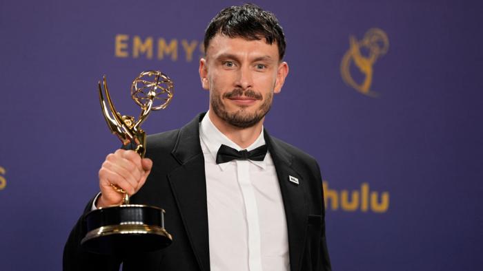 Richard Gadd poses in the press room with the award for outstanding writing for a limited or anthology series or movie for "Baby Reindeer" during the 76th Primetime Emmy Awards on Sunday, Sept. 15, 2024, at the Peacock Theater in Los Angeles