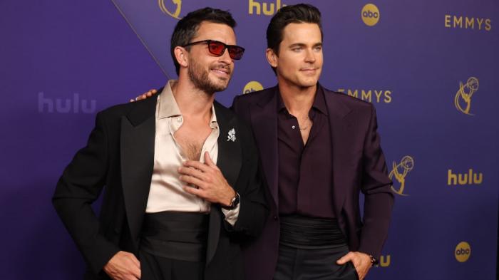 Jonathan Bailey, left, and Matt Bomer, right, attend the 76th Primetime Emmy Awards at Peacock Theater on September 15, 2024 in Los Angeles, California. 