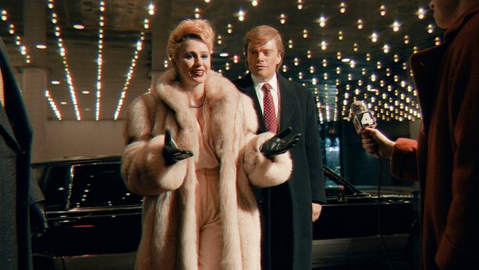 This image released by Briarcliff Entertainment shows Maria Bakalova, left, and Sebastian Stan in a scene from the film "The Apprentice." (Pief Weyman/Briarcliff Entertainment via AP)