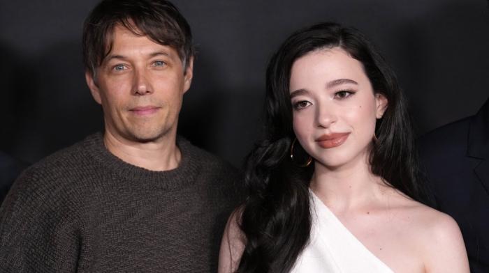 Sean Baker, left, writer/director of "Anora," and cast member Mikey Madison pose together at the premiere of the film, Tuesday, Oct. 1, 2024, at the Vista Theatre in Los Angeles.