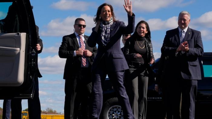 Democratic presidential nominee Vice President Kamala Harris, arrives at Trenton-Mercer Airport, in Mercer County, New Jersey, Oct. 16, 2024, en route to a campaign rally in Pennsylvania. (AP Photo/Jacquelyn Martin, file)