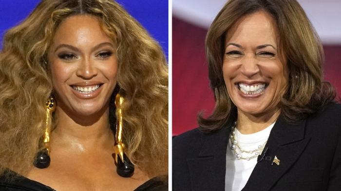 Beyonce at the Grammy Awards in Los Angeles, March 14, 2021, left, and Democratic presidential nominee Vice President Kamala Harris at a CNN town hall in Aston, Pa., Oct. 23, 2024.