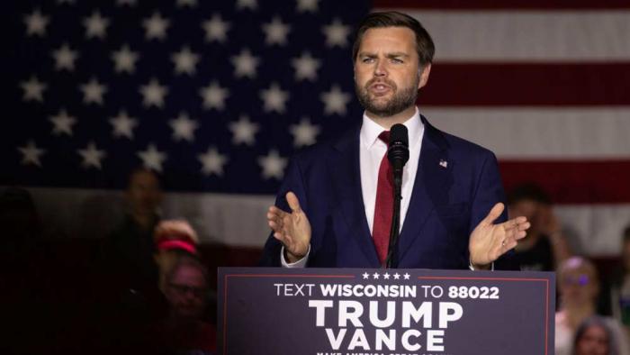 U.S. Sen. JD Vance (R-OH) speaks to supporters during a campaign event at Memorial Hall on October 28, 2024 in Racine, Wisconsin