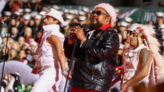 Nicholas Manelick, Victor Willis, and Javier Perez of Village People perform during the 91st anniversary of the Hollywood Christmas Parade, supporting Marine Toys For Tots on November 26, 2023 in Hollywood, California. (Photo by Tommaso Boddi/Getty Images for Associated Television International)