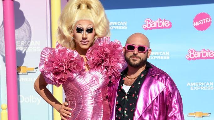 Trixie Mattel, left, and David Silver, right attend the World Premiere of "Barbie" at the Shrine Auditorium and Expo Hall on July 09, 2023 in Los Angeles, California.