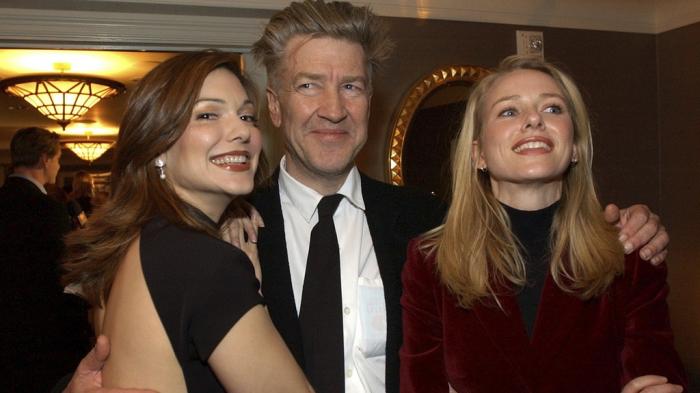 Director David Lynch, center, poses with actors Laura Elena Harring, left, and Naomi Watts, from his film "Mulholland Drive," at the Los Angeles Film Critics 27th Annual Achievement Awards in Santa Monica, Calif., on Jan. 22, 2002. 