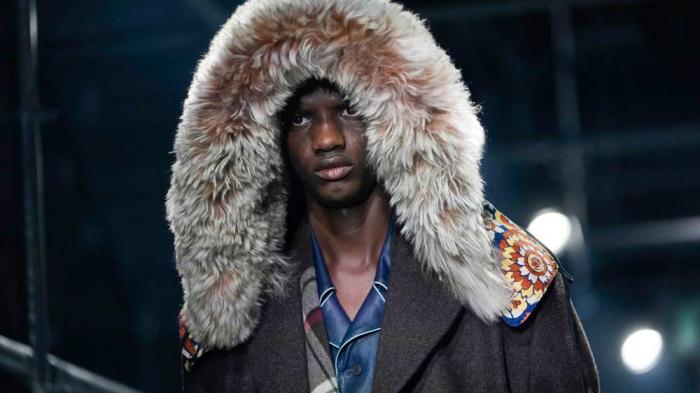 A model wears a creation part of the men's Prada Fall-Winter 2025-2026 collection, that was presented in Milan, Italy, Sunday, Jan. 19, 2025
