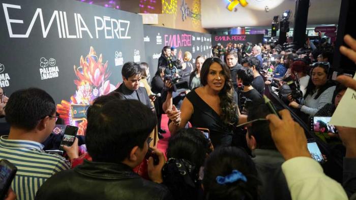 Actress Karla Sofia Gascon interacts with fans at a red carpet event to promote the film "Emilia Perez," in Mexico City, Jan. 15, 2025 (AP Photo/Eduardo Verdugo, File)