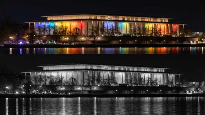 Two views of the Kennedy Center in Washington DC. The first it is lit up to celebrate Pride. The second has the Pride colors removed in line with President Trump's banning of drag to be performed there.