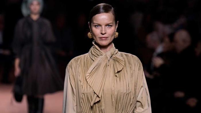 Eva Herzigova wears a creation as part of the Fendi Fall/Winter 2025-2026 Womenswear collection presented in Milan, Italy, Wednesday, Feb. 26, 2025