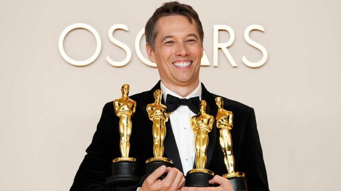 Sean Baker, winner of the awards for best original screenplay, best film editing, best director, and best picture for "Anora," poses in the press room at the Oscars on Sunday, March 2, 2025, at the Dolby Theatre in Los Angeles