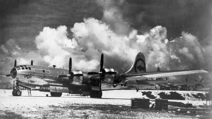 The Boeing B-29 named the "Enola Gay" is seen on Tinian in the Marianas Islands.