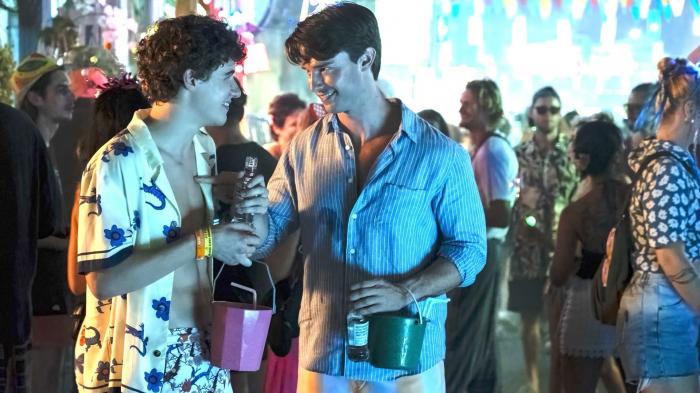 Sam Nivola, left, and Patrick Schwarzenegger, right, in a scene from "The White Lotus" Season 3.