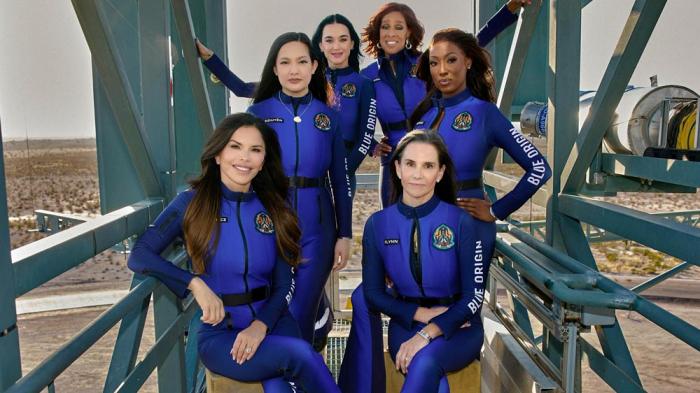 This image provided by Blue Origin shows, first row, seated, from left: Lauren Sanchez and Kerianne Flynn and standing in back from left: Amanda Nguyen, Katy Perry, Gayle King and Aisha Bowe in West Texas