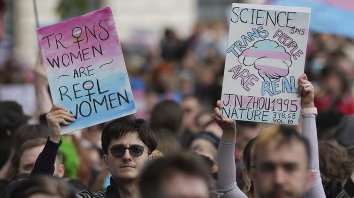 Campaigners take part in a rally organised by trans rights groups, trade unions, and community organisations following the Supreme Court ruling on the definition of a woman in equalities law, at Parliament Square, central London, Saturday April 19, 2025.