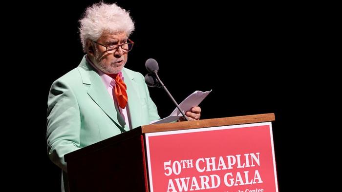 Pedro Almodóvar accepts the 50th Chaplin Award onstage during the 50th Chaplin Award Gala on April 28, 2025 in New York City
