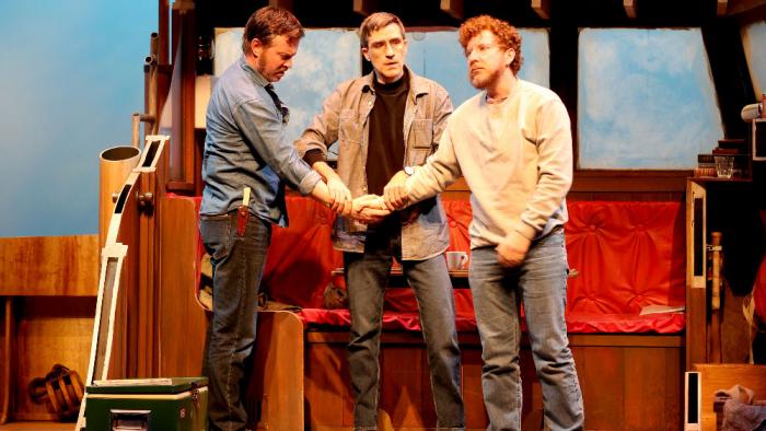 Timothy W. Hull, Josh Tyson, and Jonathan Randell Silver in "The Shark is Broken" at North Shore Music Theatre thru May 11, 2025. Photo©Paul Lyden