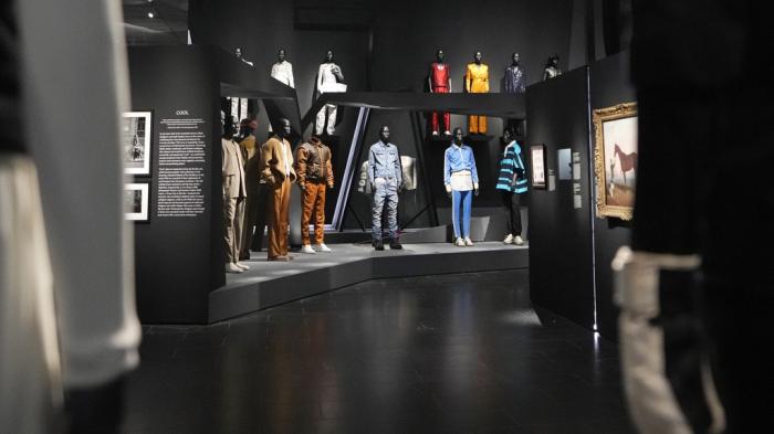 Designs are displayed at the Metropolitan Museum of Art's Costume Institute exhibition, "Superfine: Tailoring Black Style," on Saturday, May 3, 2025, in New York.
