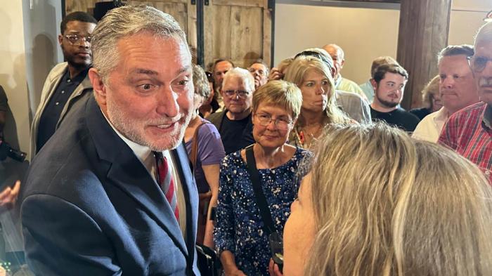 John Reid, Virginia's Republican nominee for lieutenant governor, greets supporters at his rally at Atlas 42 in Glen Allen, Va., Wednesday, April 30, 2025