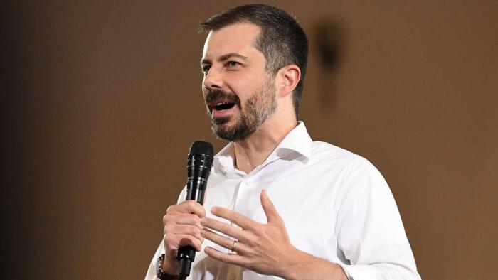 Former U.S. Secretary of Transportation Pete Buttigieg speaks during a VoteVets Town Hall, Tuesday, May 13, 2025, in Cedar Rapids, Iowa